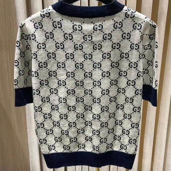New Gucci 2025 GG monogram metallic Ivory and blue GG lamé jacquard knit top M - Picture 2 of 8